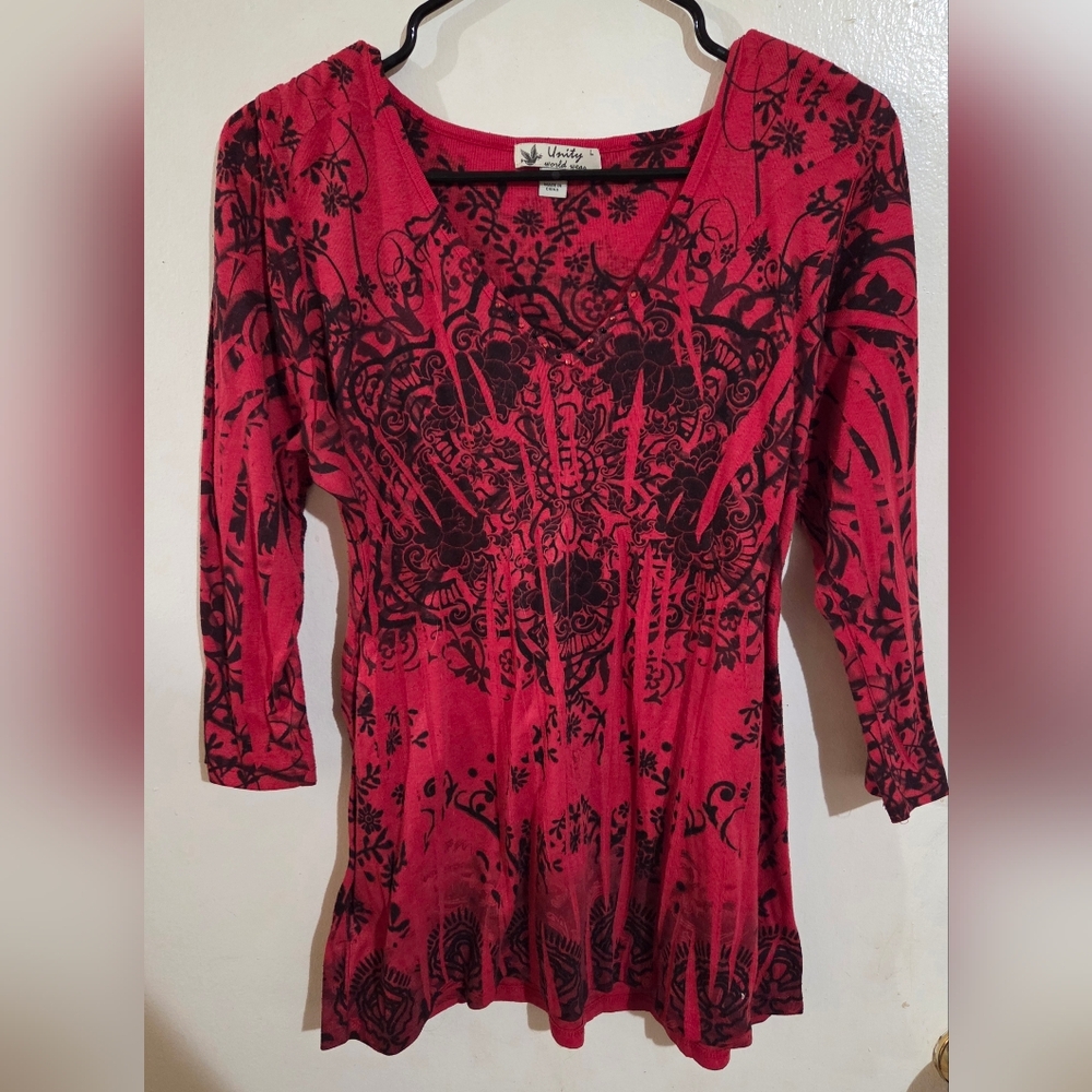 Unity World Wear Y2K Womens Long Sleeve Red/Black Top Size Large